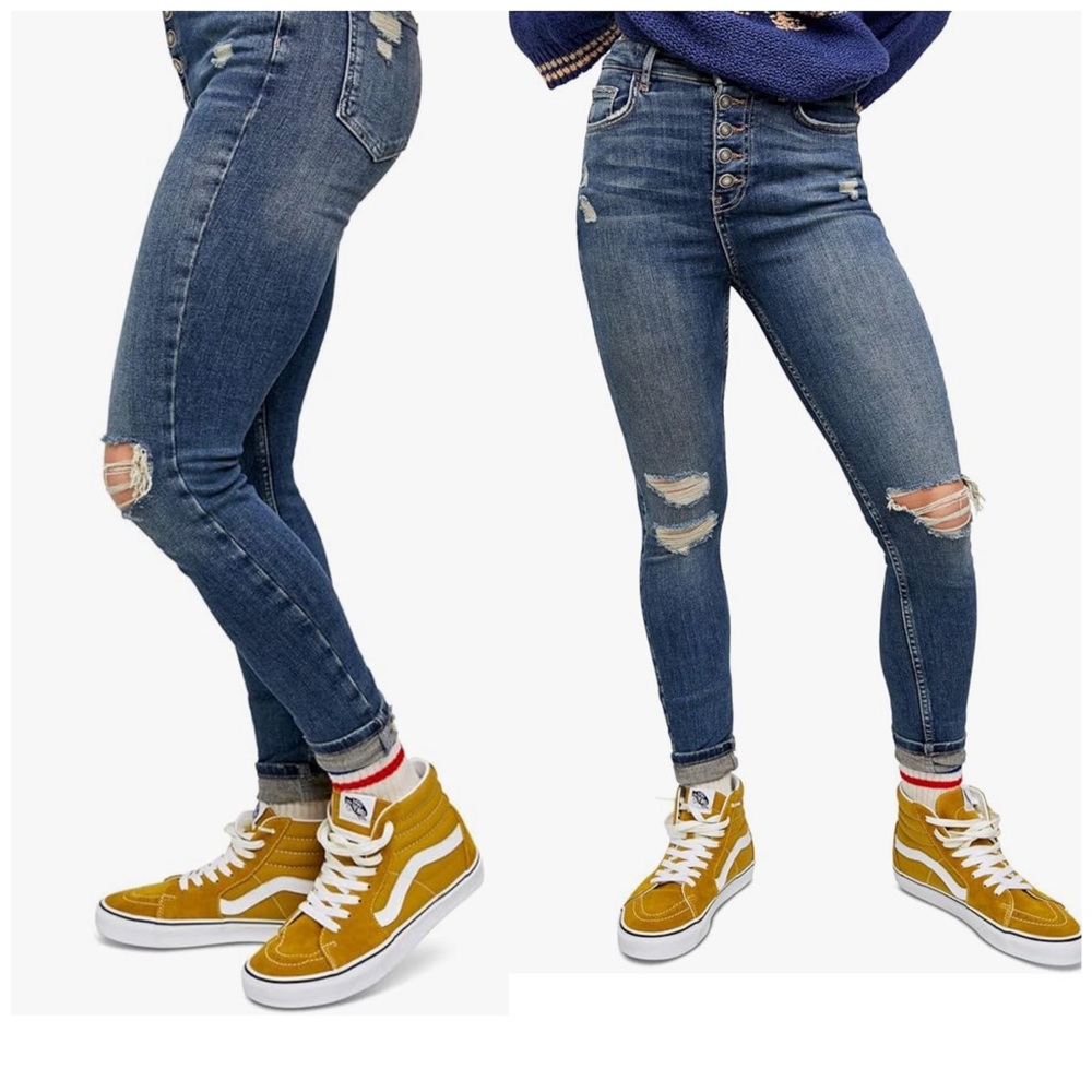FREE PEOPLE We The Free High Waist Button Fly Distressed Ultra-Stretch Jens